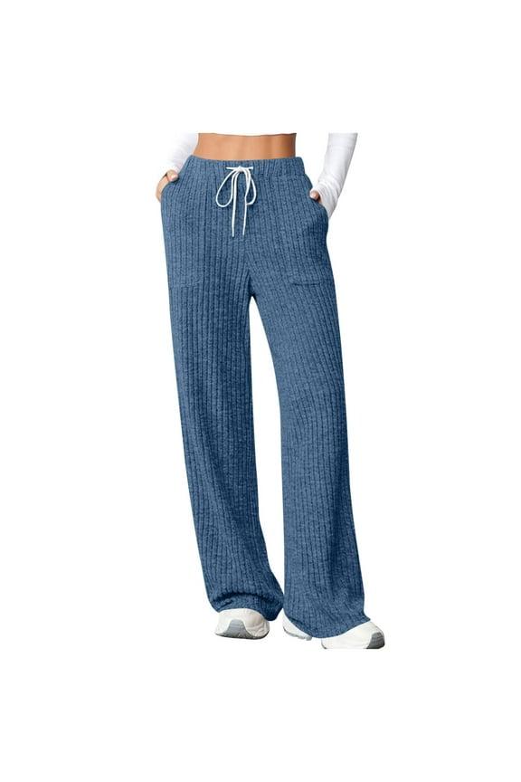 Straight Leg Pants for Women Casual Loose Knit Textured Trousers Fall Trendy Cropped Drawstring Pants with Side Pockets
