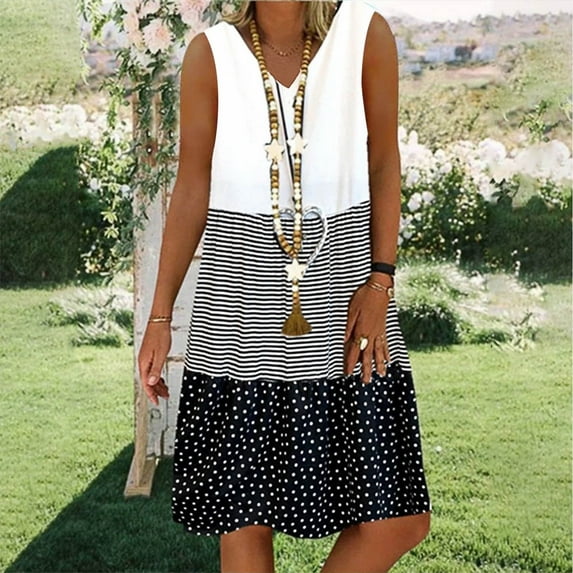Chiccall Summer Casual Loose T Shirt Dress for Women 2025 Fashion Stripe Dot Patchwork V-Neck Sleeveless Beach Daily Party Plus Size Sun Dress