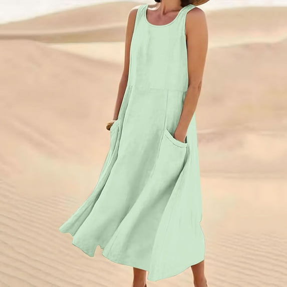 Chiccall Summer Cotton Linen Long Dress for Women 2025 Sleeveless Boho Flowy Dresses Plus Size Loose Comfy Pocket Dress Mint Green M