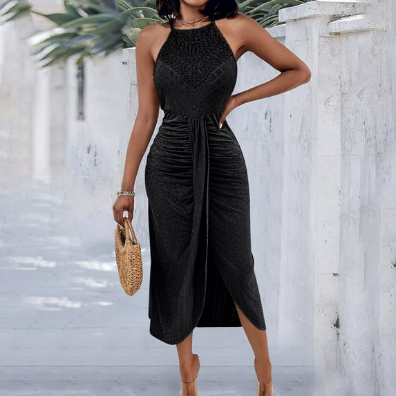 Chiccall Summer Dress for Women 2025 Hollow Out A Line Vacation Dresses with Eyelet Embroidery & Side Slit Black M