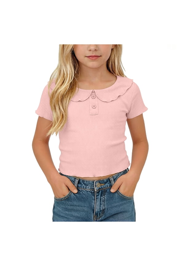 Summer Fashion Girls Shirts Collared Solid Color Ribbed Ruffle Short Sleeves T Shirts Turn Down Collar Cute Tops with Buttons Toddler and Little Kids