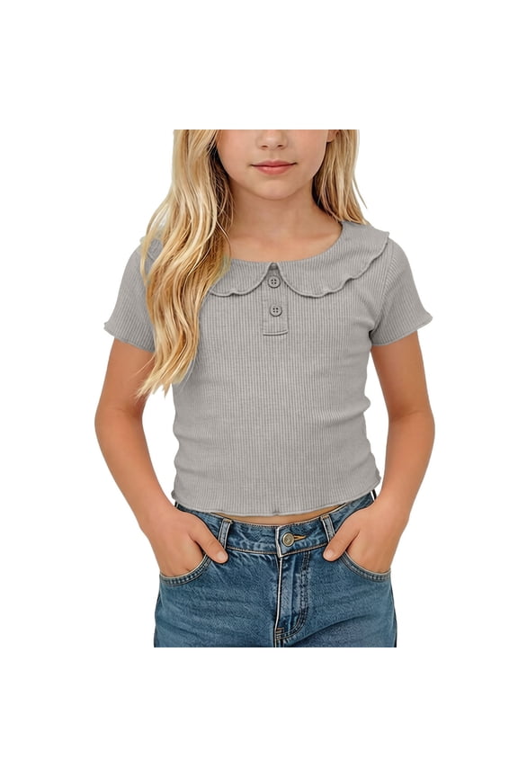 Summer Fashion Girls Shirts Collared Solid Color Ribbed Ruffle Short Sleeves T Shirts Turn Down Collar Cute Tops with Buttons Toddler and Little Kids