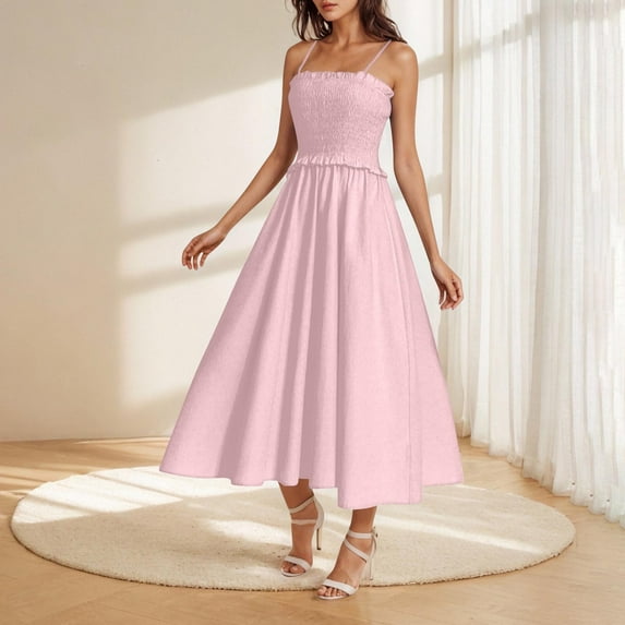 Chiccall Summer Maxi Dress Spaghetti Strap Sleeveless Square Neck Ruffle A Line Smocked Beach Mini Sundress Pink L