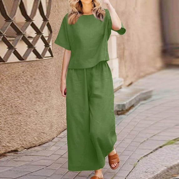 Chiccall Summer Outfits for Women 2 Piece Linen Short Sleeve Round Neck Tops Wide Leg Pants Tracksuits Set Green S