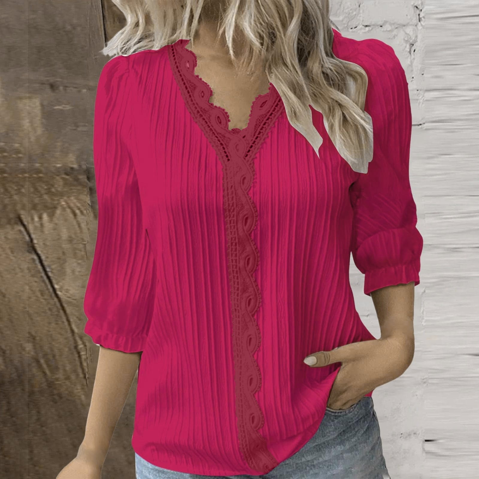 Women's Summer Lace V-Neck Blouse – Soft, Stretchy, Solid Color, Short Sleeve, Dressy Casual Top For Work, Vacation, Or Everyday