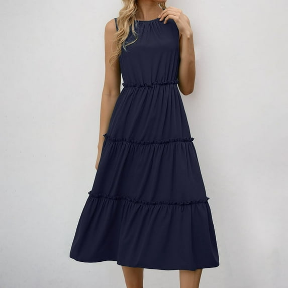 Chiccall Summer Sundresses for Women Trendy Casual Loose Plain Midi Dress Smocked Sleeveless Beach Tiered Long Dresses Navy L