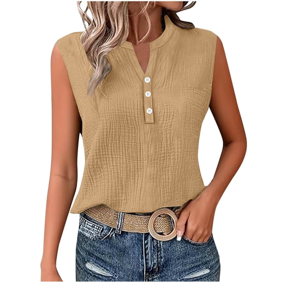 Chiccall Summer Tank Tops for Women V-Neck Button Down Shirt Loose Collared Sleeveless Blouses Khaki S