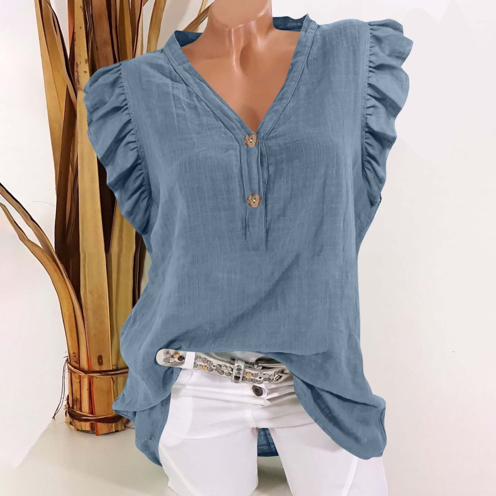 Chiccall Summer Tops for Women 2025 Trendy Ruffle Sleeve Linen Shirt ...