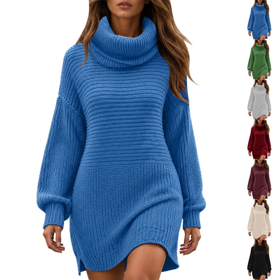 Chiccall Sweaters for Women Oversized Long Turtleneck Knit Pullover Sweater Dress Blue L