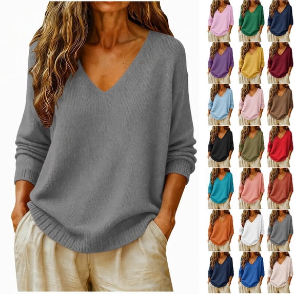 Chiccall Sweaters for Women Womens V-Neck Long Sleeve Knit Sweater Casual Soft Knitted Pullover Top Gray M