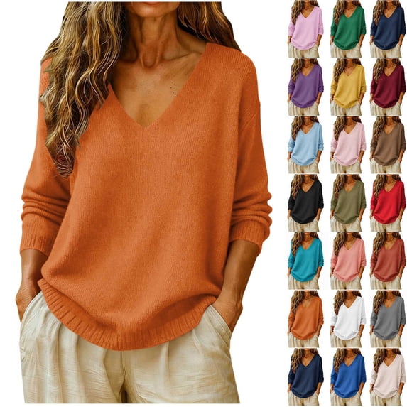 Chiccall Sweaters for Women Womens V-Neck Long Sleeve Knit Sweater Casual Soft Knitted Pullover Top Orange 2XL
