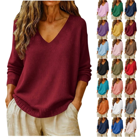 Chiccall Sweaters for Women Womens V-Neck Long Sleeve Knit Sweater Casual Soft Knitted Pullover Top Wine M
