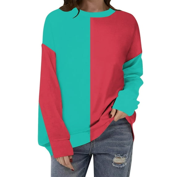 Chiccall Sweatshirt for Women Fall Crew Neck Long Sleeve Color Block Casual Loose Pullover Top Green S
