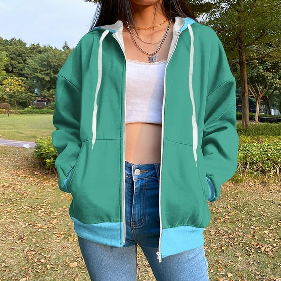 Chiccall Sweatshirt for Women Fall Winter Zip Up Hooded Long Sleeve Solid Pullover Loose Drawstring Jacket wih Pockets Army Green L