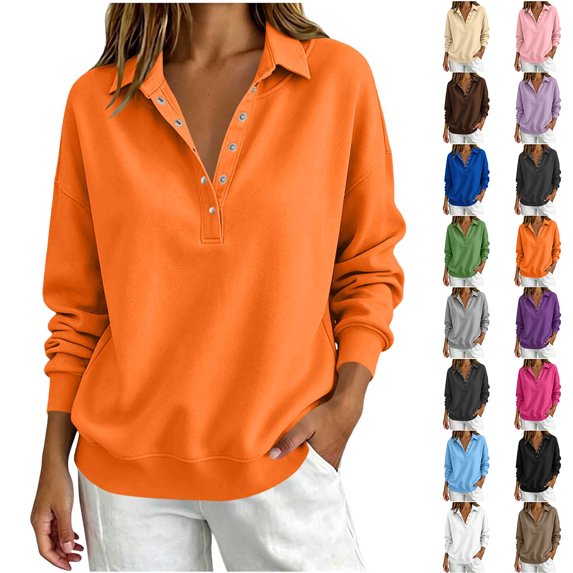 Chiccall Sweatshirt for Women Long Sleeve Buttons Pullover Tops Solid Color Loose Casual Collared Sweatshirts