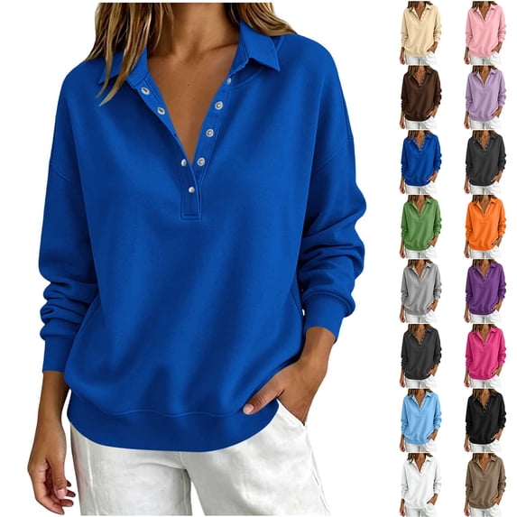 Chiccall Sweatshirt for Women Long Sleeve Buttons Pullover Tops Solid Color Loose Casual Collared Sweatshirts