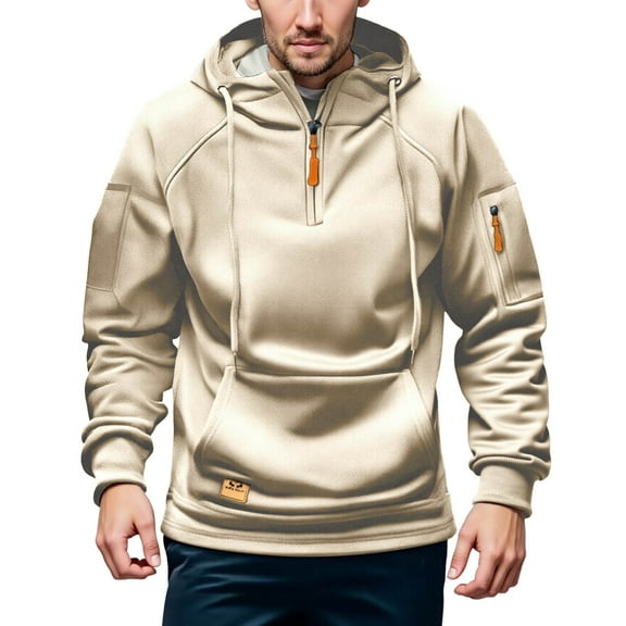 Chiccall Fleece Hoodies for Men Quarter Zip Stand Collar Drawstring Hooded Sweatshirts Outdoor Pullover Workout Cargo Hoodies with Pockets