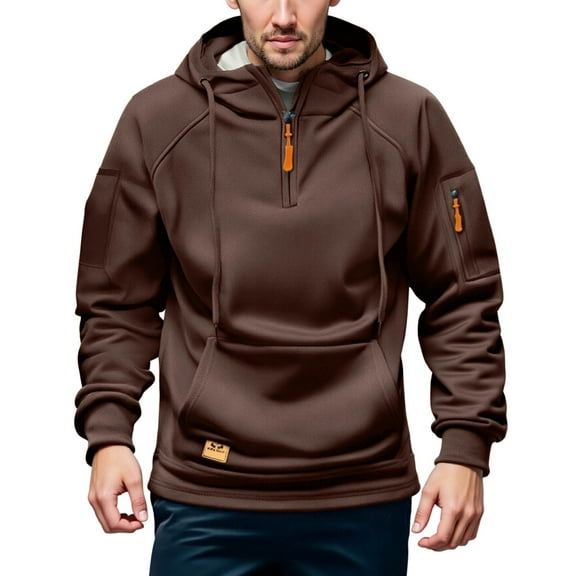 Chiccall Fleece Hoodies for Men Quarter Zip Stand Collar Drawstring Hooded Sweatshirts Outdoor Pullover Workout Cargo Hoodies with Pockets