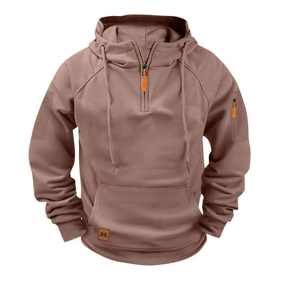 Chiccall Fleece Hoodies for Men Quarter Zip Stand Collar Drawstring Hooded Sweatshirts Outdoor Pullover Workout Cargo Hoodies with Pockets