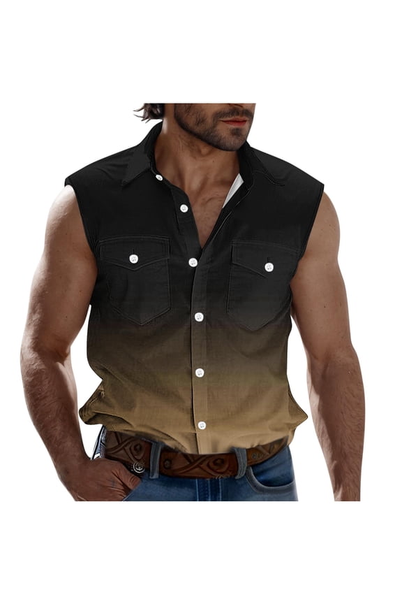 Tank Tops for Men Summer Gradient Printed Button Down Sleeveless Shirt Tops with Pockets M Gold