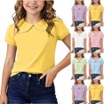 thumbnail image 1 of Chiccall Toddler Girls Peter Pan Collar Shirt Puff Short Sleeve T-Shirt Basic Trendy Ruffle Blouse Kids Solid Color Tee Casual Comfy Loose Holiday Cute Tops 0-8 Y, 1 of 7