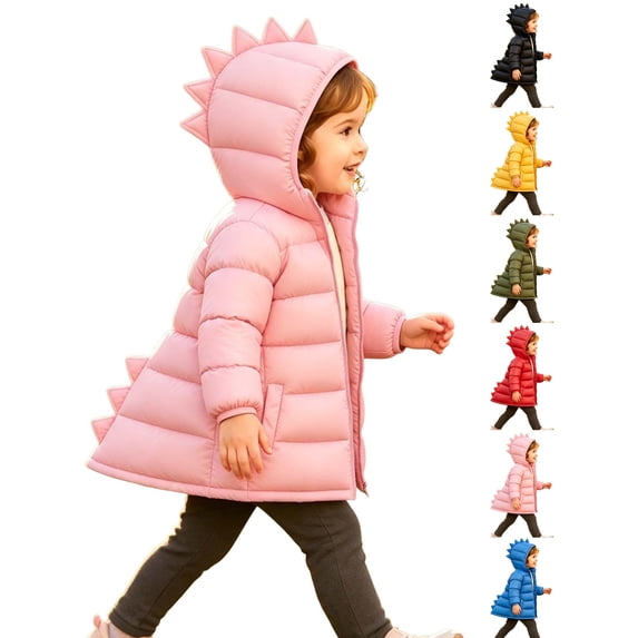Chiccall Toddler Kids Cute Dinosaur Quilted Winter Coat Boys Girls Hooded Zip Padded Jacket Outerwear for Boys Girls Pink 5-6 Years