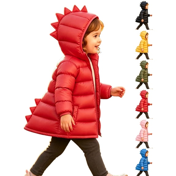 Chiccall Toddler Kids Cute Dinosaur Quilted Winter Coat Boys Girls Hooded Zip Padded Jacket Outerwear for Boys Girls Red 7-8 Years