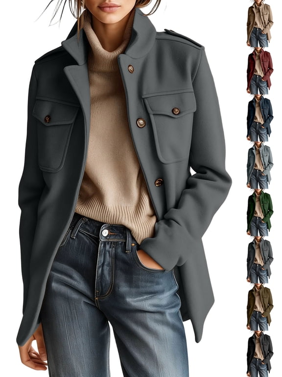 Trench Coat Women Womens Wool Blend Coat Fall Winter Pea Coat Long Sleeve Button Down Jackets Outerwear with Lined Padded Shoulder Dark Gray L