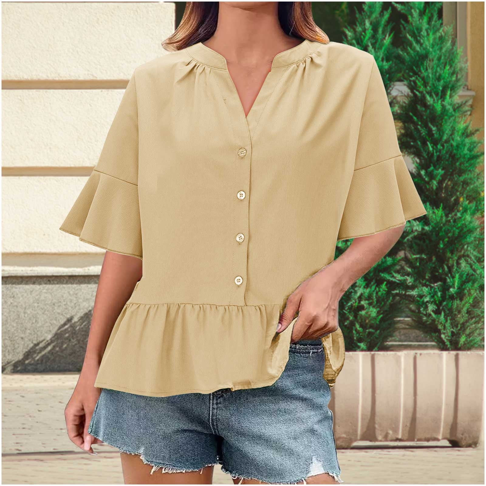 Chiccall V Neck T Shirts for Women Button Down Short Sleeve Tops Ruffle ...