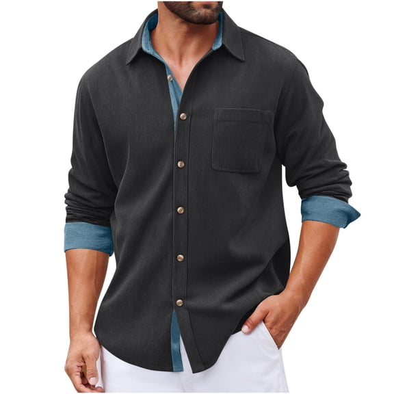 Chiccall Vintage Corduroy Shirts for Men Casual Colorblock Lapel Button Down Long Sleeve Shirts with Pocket