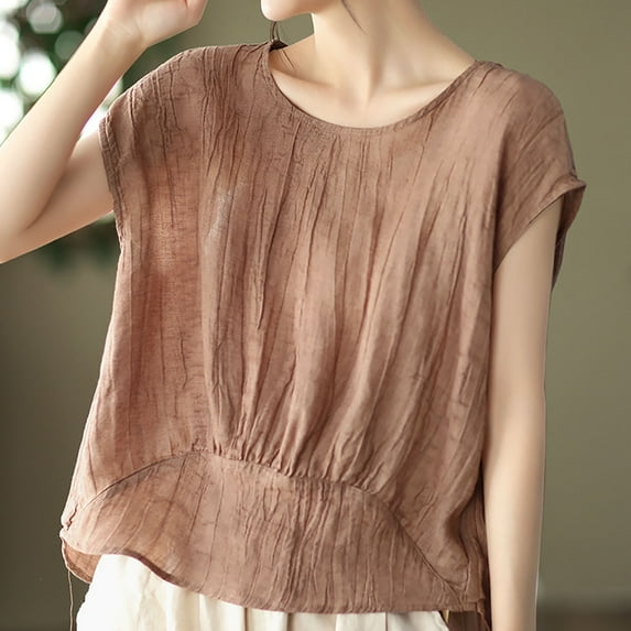Chiccall Vintage Linen Tops for Women Summer Loose Pleated Round Neck Blouse Casual Cap Sleeve Tunic Shirts Coffee XXXL