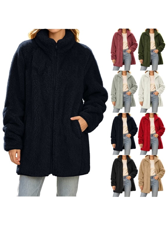 Winter Sherpa Fleece Coats for Women Trendy Long Sleeve Zip Up Fuzzy Plushy Coat with Side Pockets Fall Winter Warm Jacket Outerwear Dark Blue L