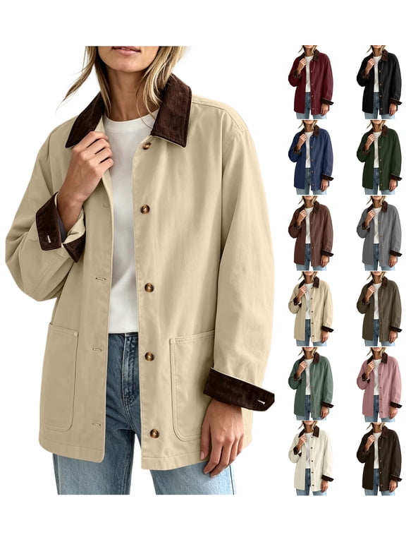 Women Fall Winter Jackets Oversized Vintage Corduroy Lapel Button Down Coat with Pockets Khaki 2XL