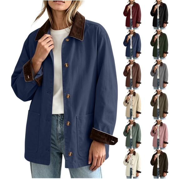 Chiccall Women Fall Winter Jackets Oversized Vintage Corduroy Lapel Button Down Coat with Pockets Navy L
