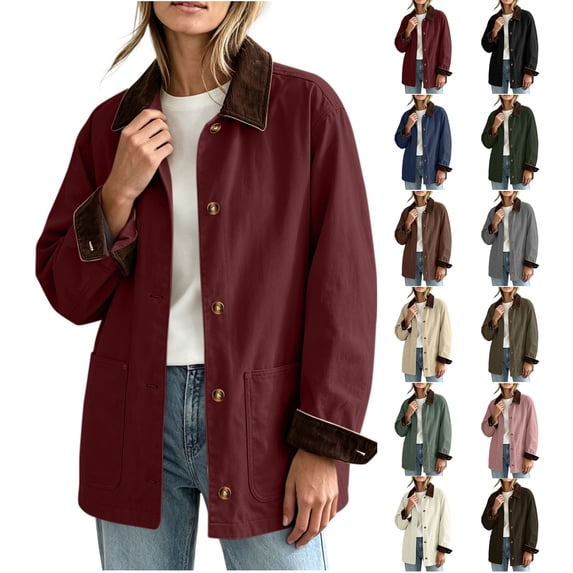 Chiccall Women Fall Winter Jackets Oversized Vintage Corduroy Lapel Button Down Coat with Pockets Wine XXL