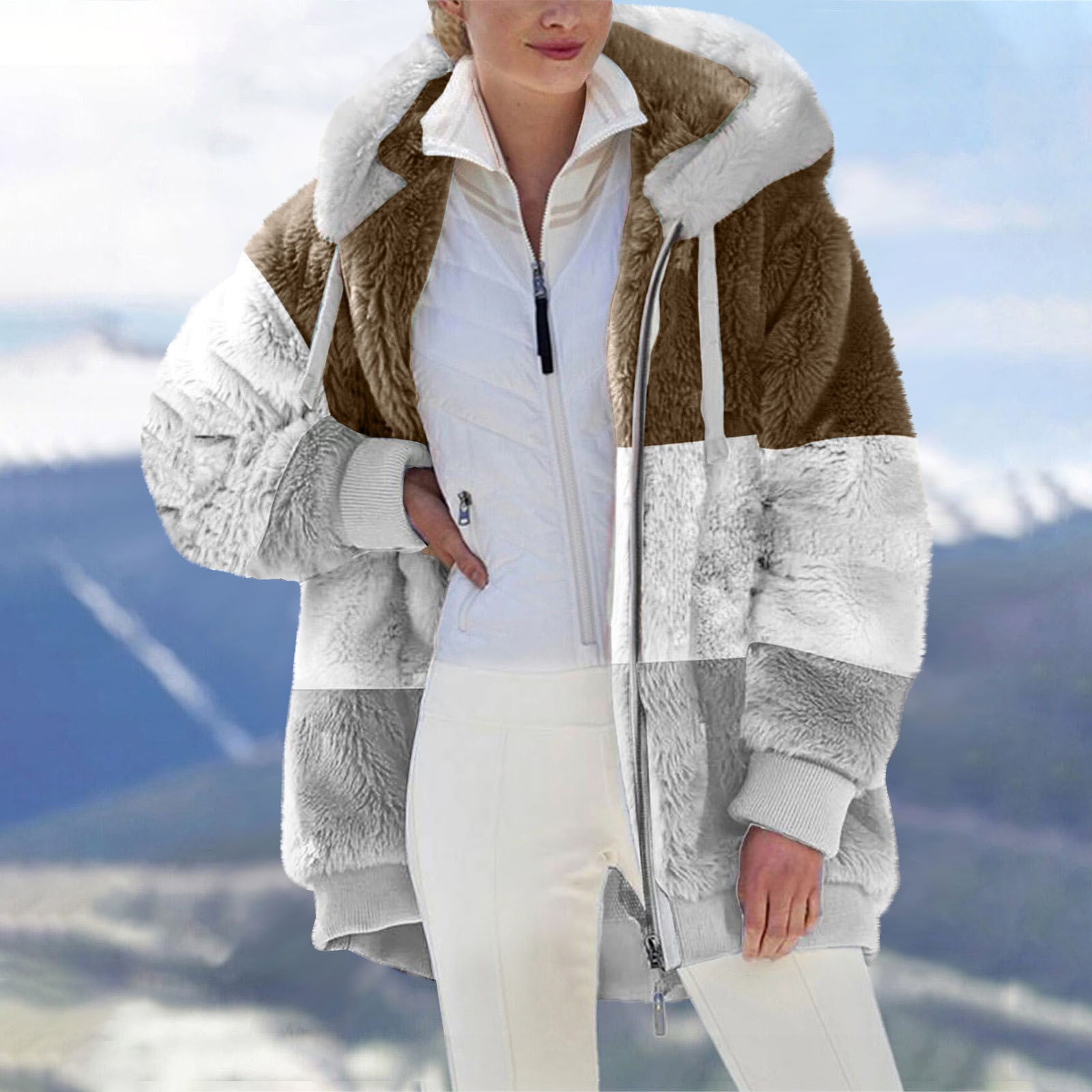 Chiccall Women Fuzzy Fleece Coat Fall and Winter Fashion Color Block Puffy  Fuzzy Lovely Shearling Shaggy Jacket with Hood on Clearance