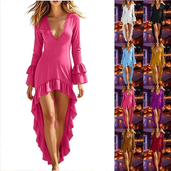 Chiccall Women Halloween Long Sleeve High Low Ruffle Hem Dress Fall Winter Halloween Irregular Party Evening GownHoliday Dress