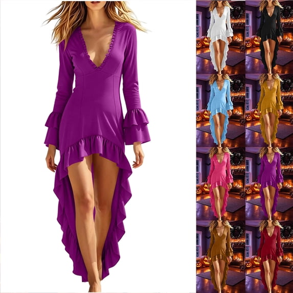 Chiccall Women Halloween Long Sleeve High Low Ruffle Hem Dress Fall Winter Halloween Irregular Party Evening GownHoliday Dress