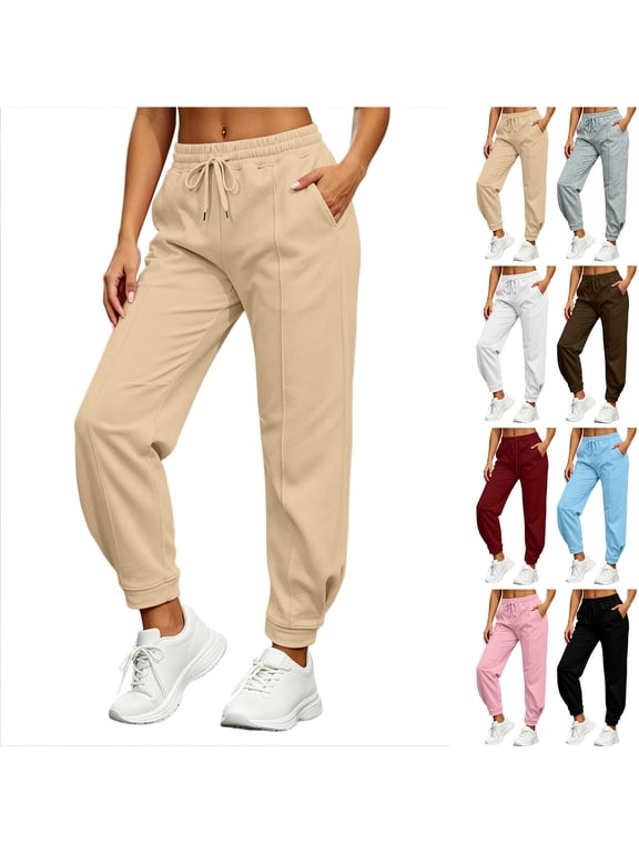 Women High Waist Jogger Sweatpants, Drawstring Elastic Waist Cuffed Ankle Soft Running Workout Long Pants with Side Pockets