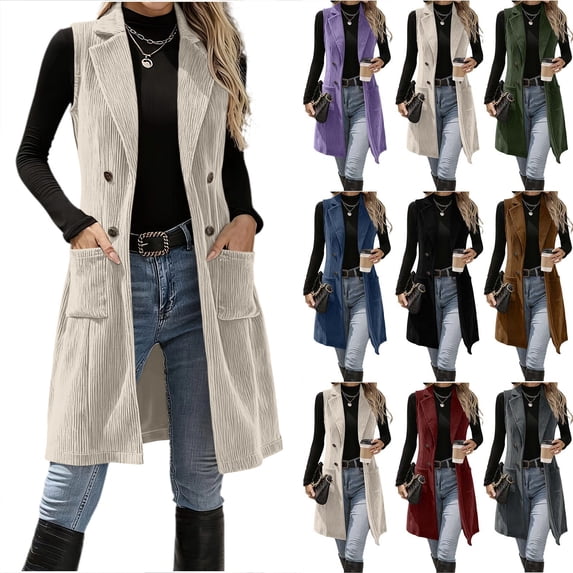 Chiccall Women Long Lapel Corduroy Sleeveless Vest, Fashion Fashion Solid Double‑Breasted Button‑Up Waistcoat With Side Pockets Casual Outerwear