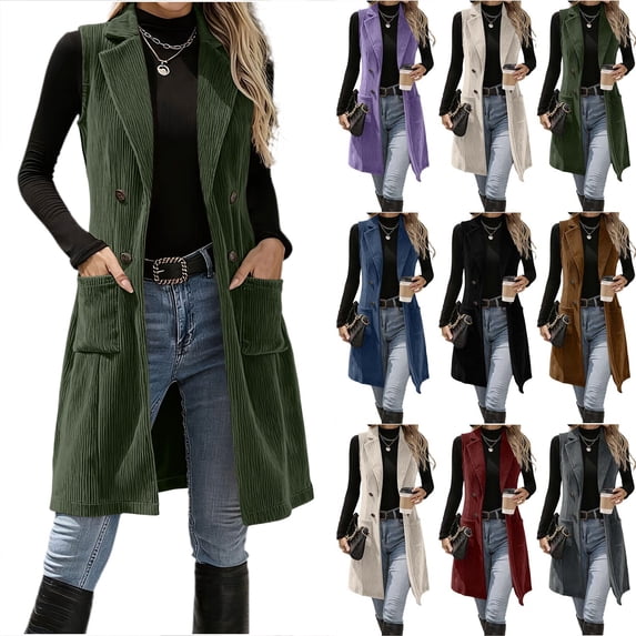 Chiccall Women Long Lapel Corduroy Sleeveless Vest, Fashion Fashion Solid Double‑Breasted Button‑Up Waistcoat With Side Pockets Casual Outerwear