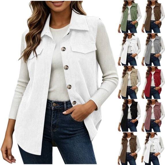 Chiccall Women Solid Corduroy Lapel Sleeveless Vest, Button‑Down Casual Open‑Front Waistcoat With Flap Pockets