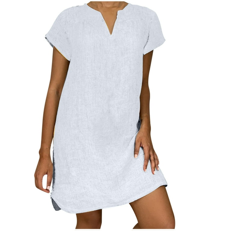 Plus Size Cotton Linen Dresses Summer V Neck Short Sleeve T-Shirt
