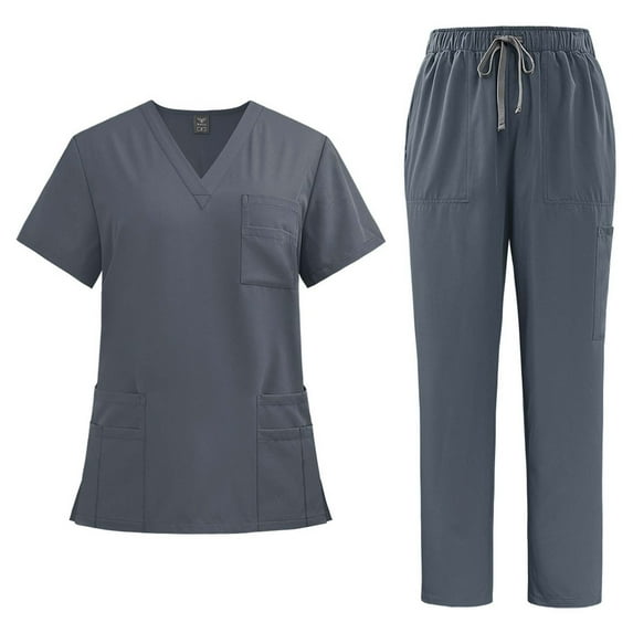 Chiccall Women's 8 Pocket Scrubs Set Solid Stretch Short Sleeve V-Neck Scrub Top & Jogger Drawstring Pant Gray S