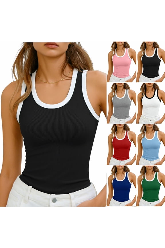 Women’s Basic Tank Tops Sleeveless Fashion Casual Solid Round Neck Ribbed Fitted Cami Shirts
