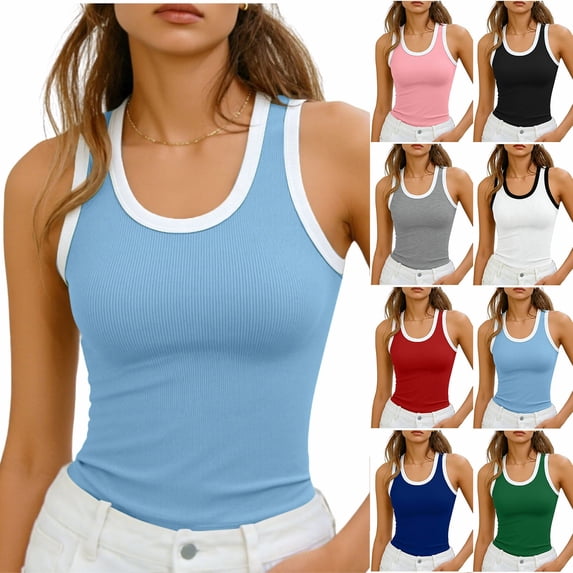 Chiccall Women’s Basic Tank Tops Sleeveless Fashion Casual Solid Round Neck Ribbed Fitted Cami Shirts