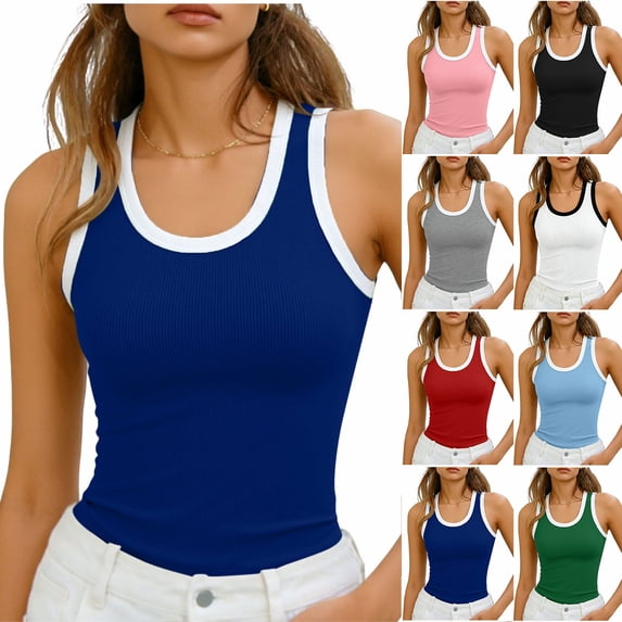 Chiccall Women’s Basic Tank Tops Sleeveless Fashion Casual Solid Round Neck Ribbed Fitted Cami Shirts