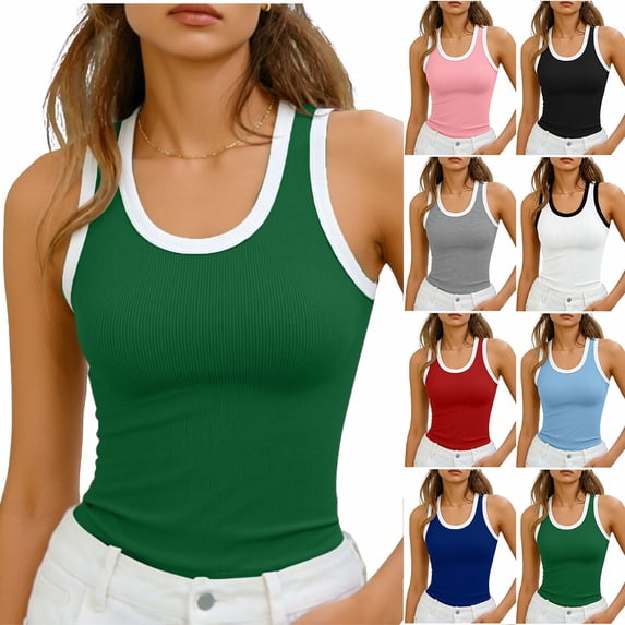 Chiccall Women’s Basic Tank Tops Sleeveless Fashion Casual Solid Round Neck Ribbed Fitted Cami Shirts
