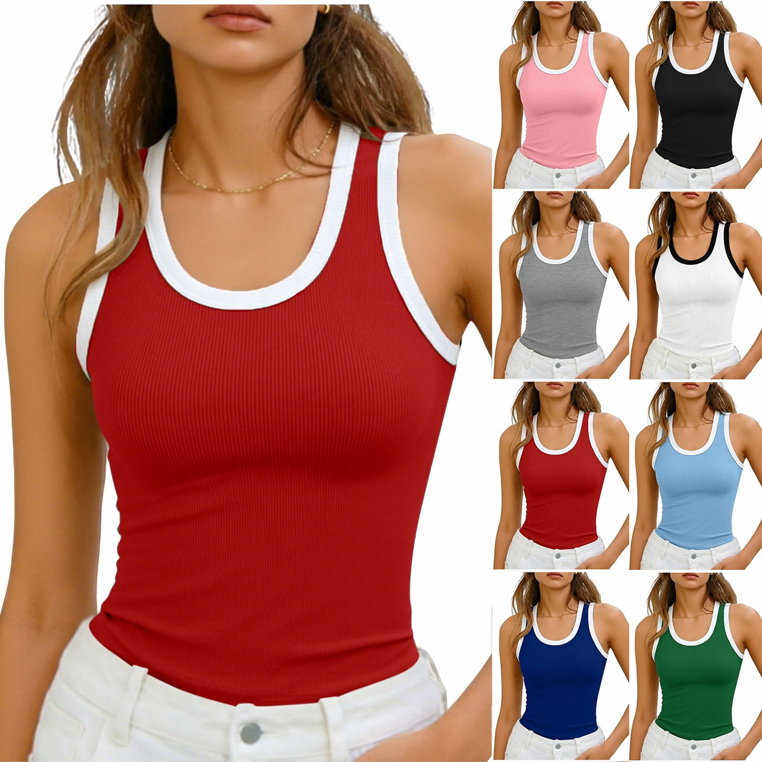 Chiccall Women’s Basic Tank Tops Sleeveless Fashion Casual Solid Round ...