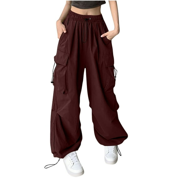 Chiccall Women's Cargo Pants Wide Leg Drawstring High Waist Adjustable Bottom Pants Trendy Hip-Hop Streetwear with Multiple Pockets